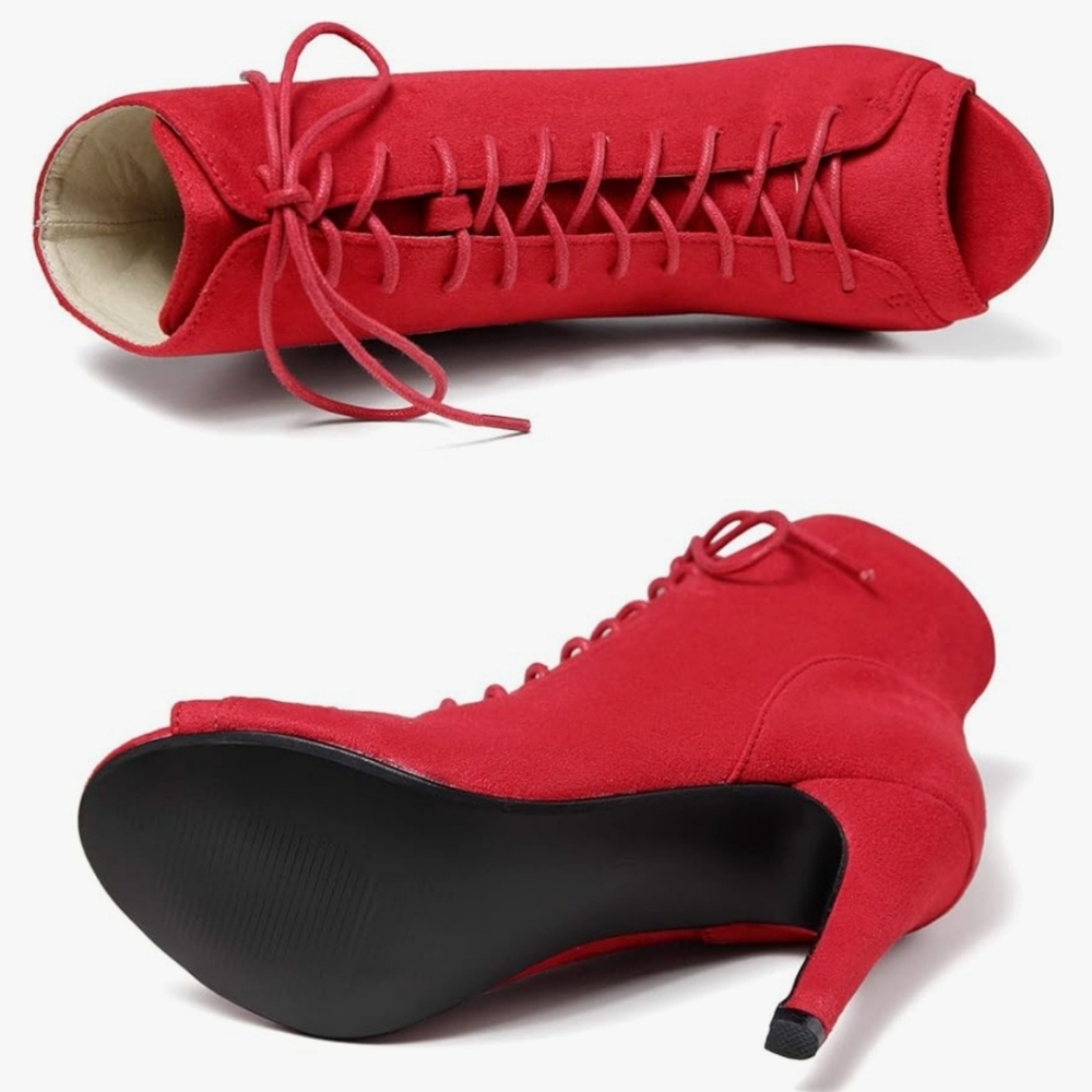 Red Lace-up Open Toe Booties - Picture 4 of 5